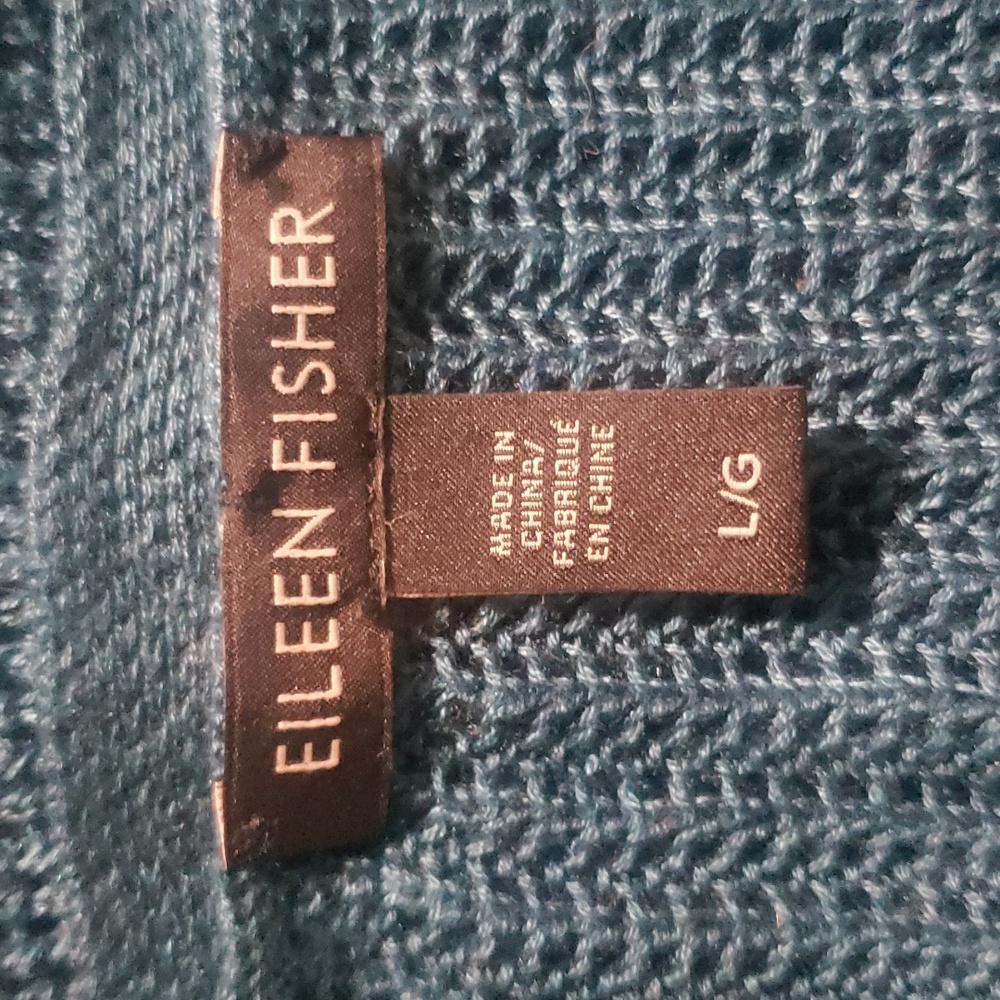 Eileen Fisher Blue Open Knit Swearer V Neck Merino Wool Blend Long Sleeve - Picture 3 of 4